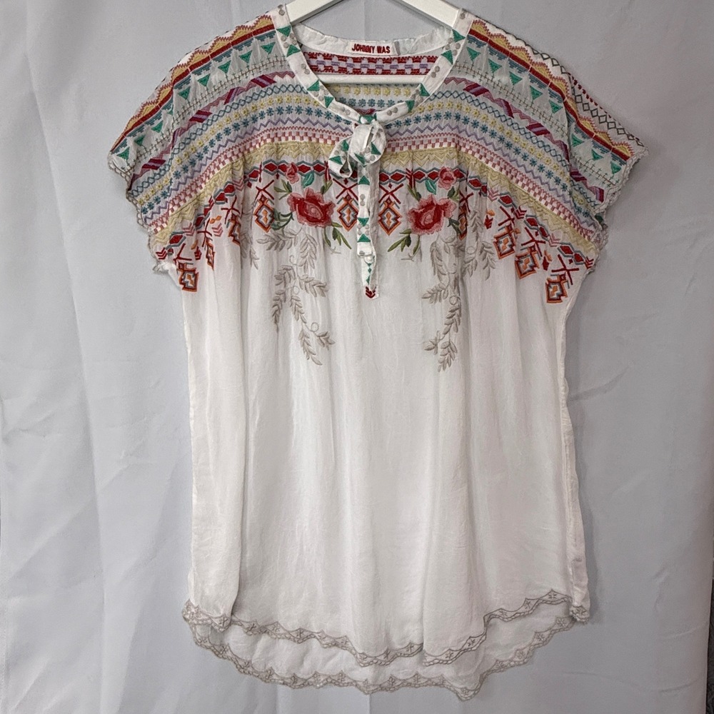 Johnny Was Womens Embroidered Silk Blouse White Boho Floral Split Neck Top L - Picture 2 of 11
